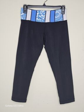 Lululemon Black Capri Leggings with Blue Patterned Waistband